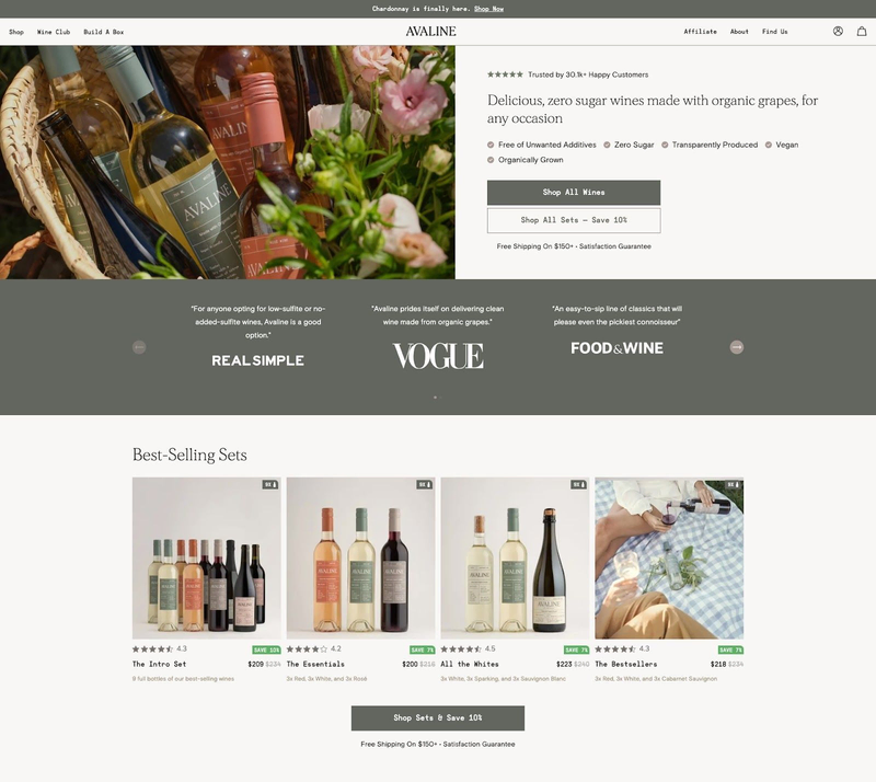 avaline wine website as a sample for header optimization