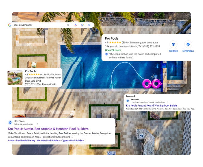 Search engine results overlayed on a pool image.